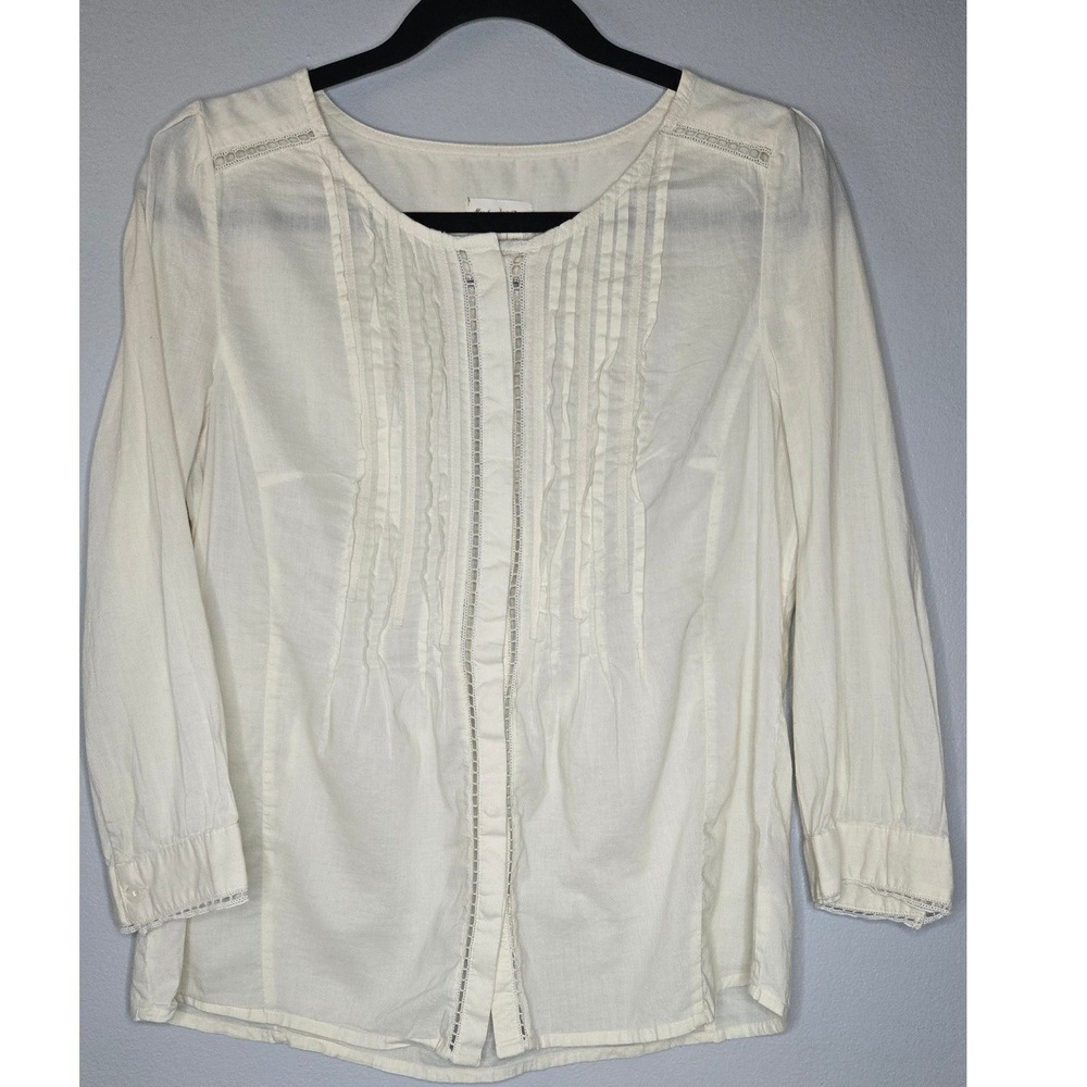 Meadow Rue Anthropologie Ivory Pintuck Lace Boho Blouse Size 6 Cotton - Picture 2 of 10